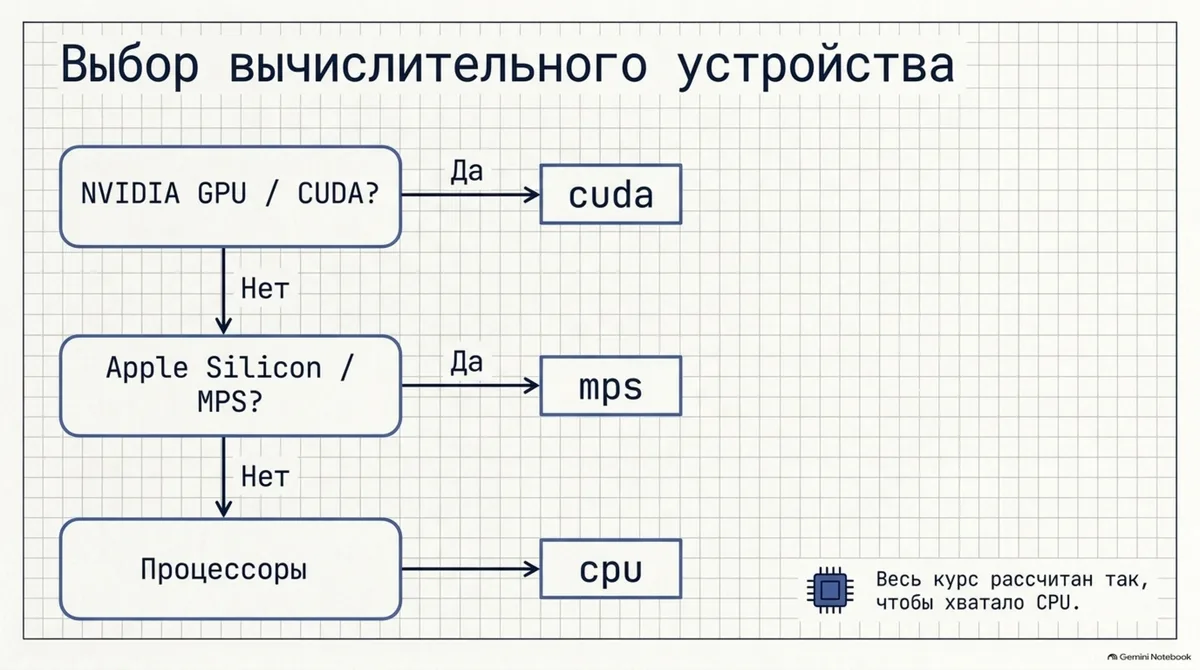 Выбор устройства: cuda → mps → cpu; курса хватает CPU