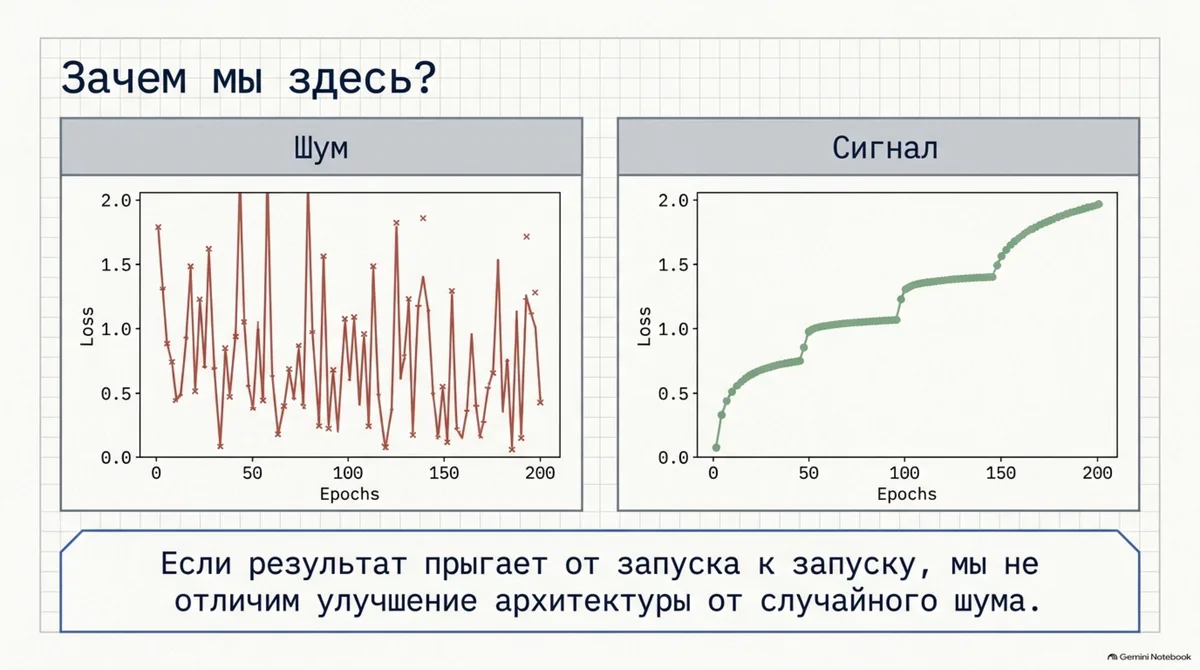 Если результат прыгает от запуска к запуску, улучшение архитектуры не отличить от шума
