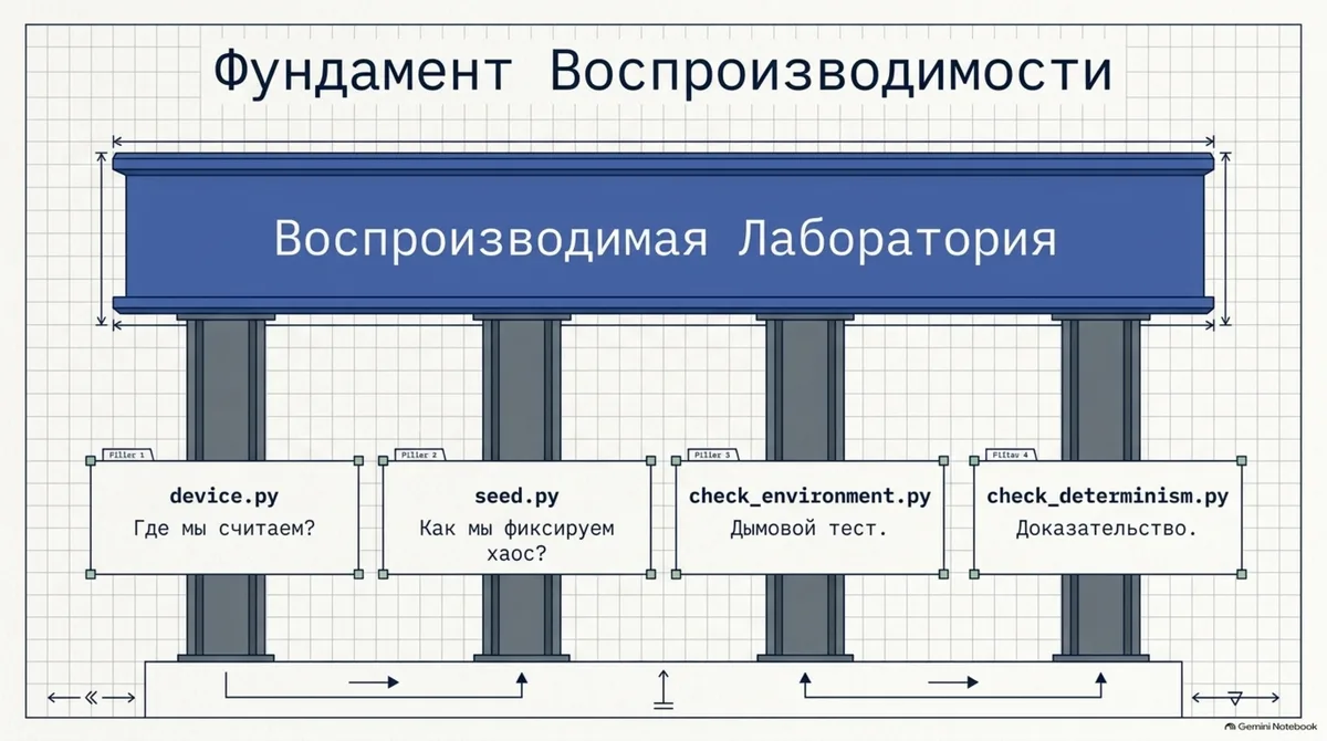 Четыре опоры лаборатории: устройство, зерно, дымовой тест и доказательство