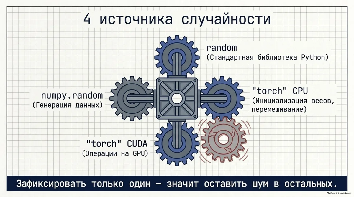 Четыре источника случайности: random, numpy, torch CPU, torch CUDA