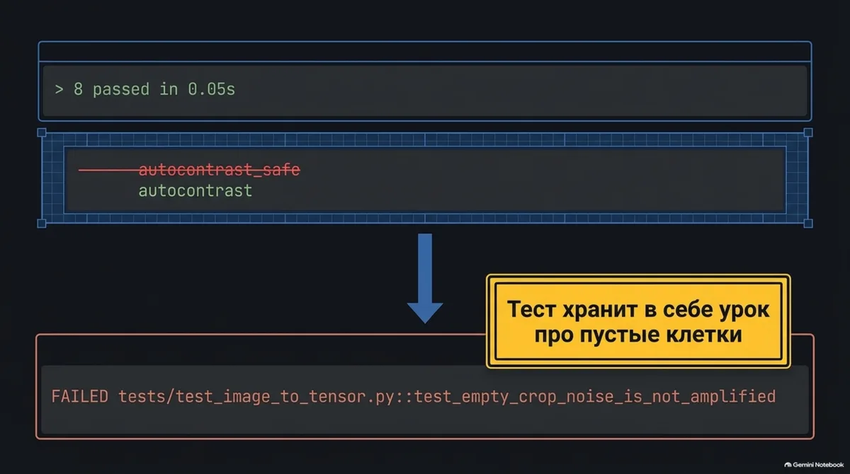 8 passed → подмена autocontrast_safe → падает test_empty_crop_noise_is_not_amplified