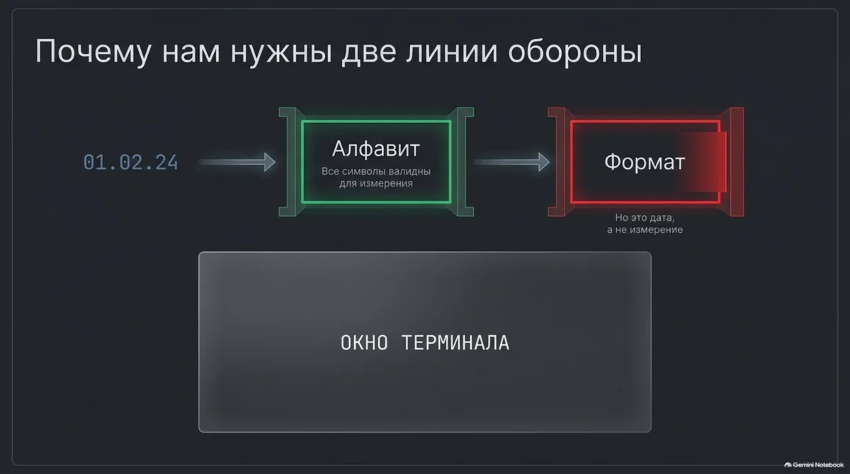 Две линии обороны: алфавит пропускает символы, формат отсекает дату