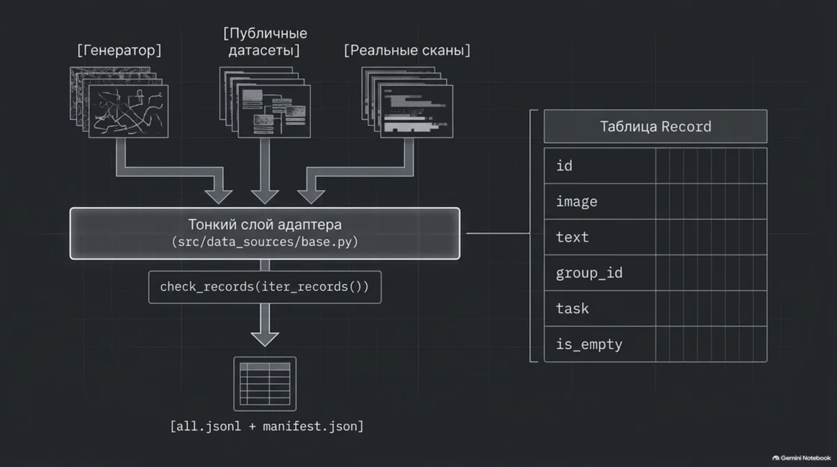 Генератор / публичные / сканы → тонкий адаптер → all.jsonl