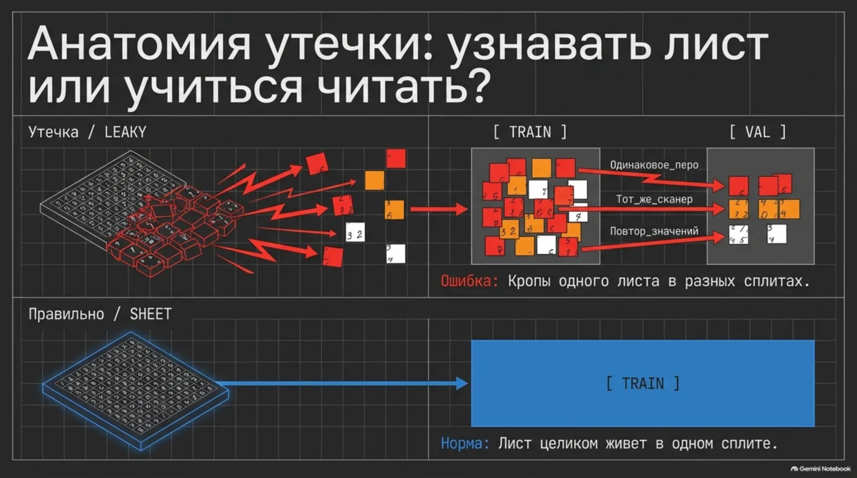 LEAKY: кропы одного листа в разных сплитах; SHEET: лист целиком в одном