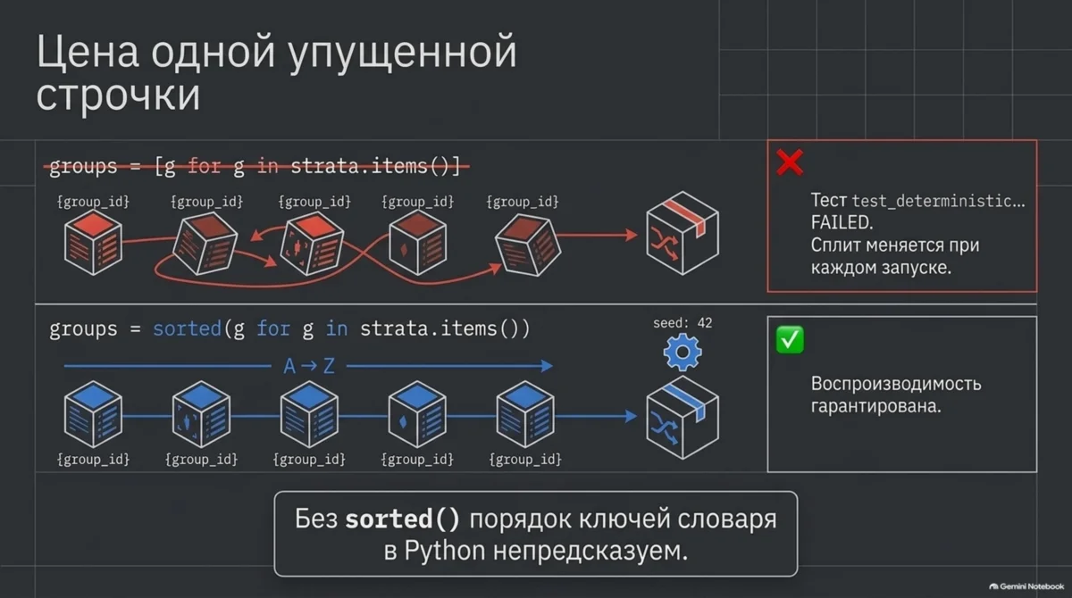 Без sorted() порядок ключей словаря непредсказуем