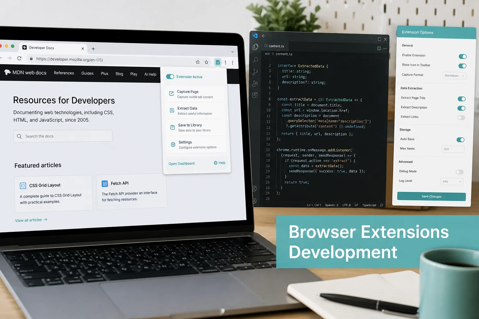 Браузер с попапом расширения и страницей настроек на TypeScript