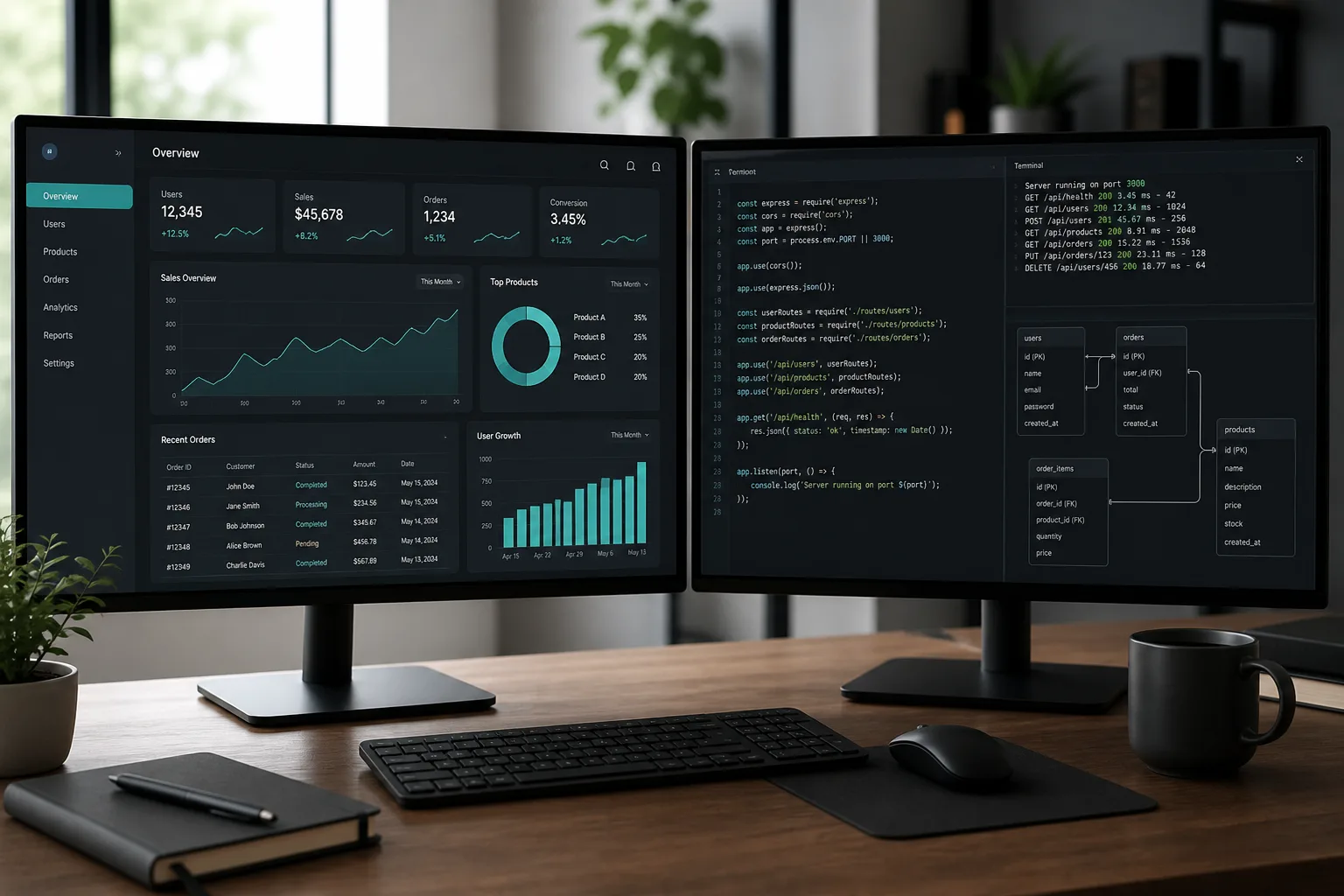 Два монитора: админ-панель и терминал API