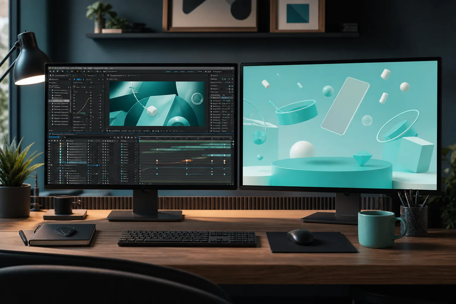 Станция motion graphics: таймлайн и бирюзовая геометрическая анимация