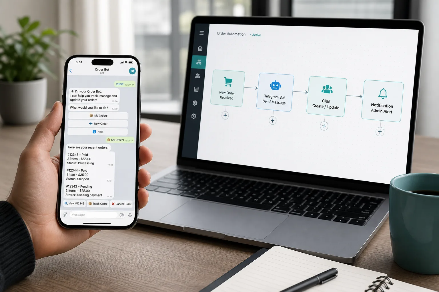 Чат Telegram-бота на смартфоне и схема автоматизации на ноутбуке